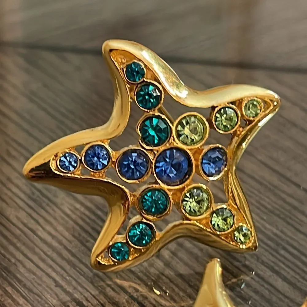 LIA Lianna Stamped 3 Ocean/Sea Themed Gold-tone Brooches w/ Rhinestone Accents